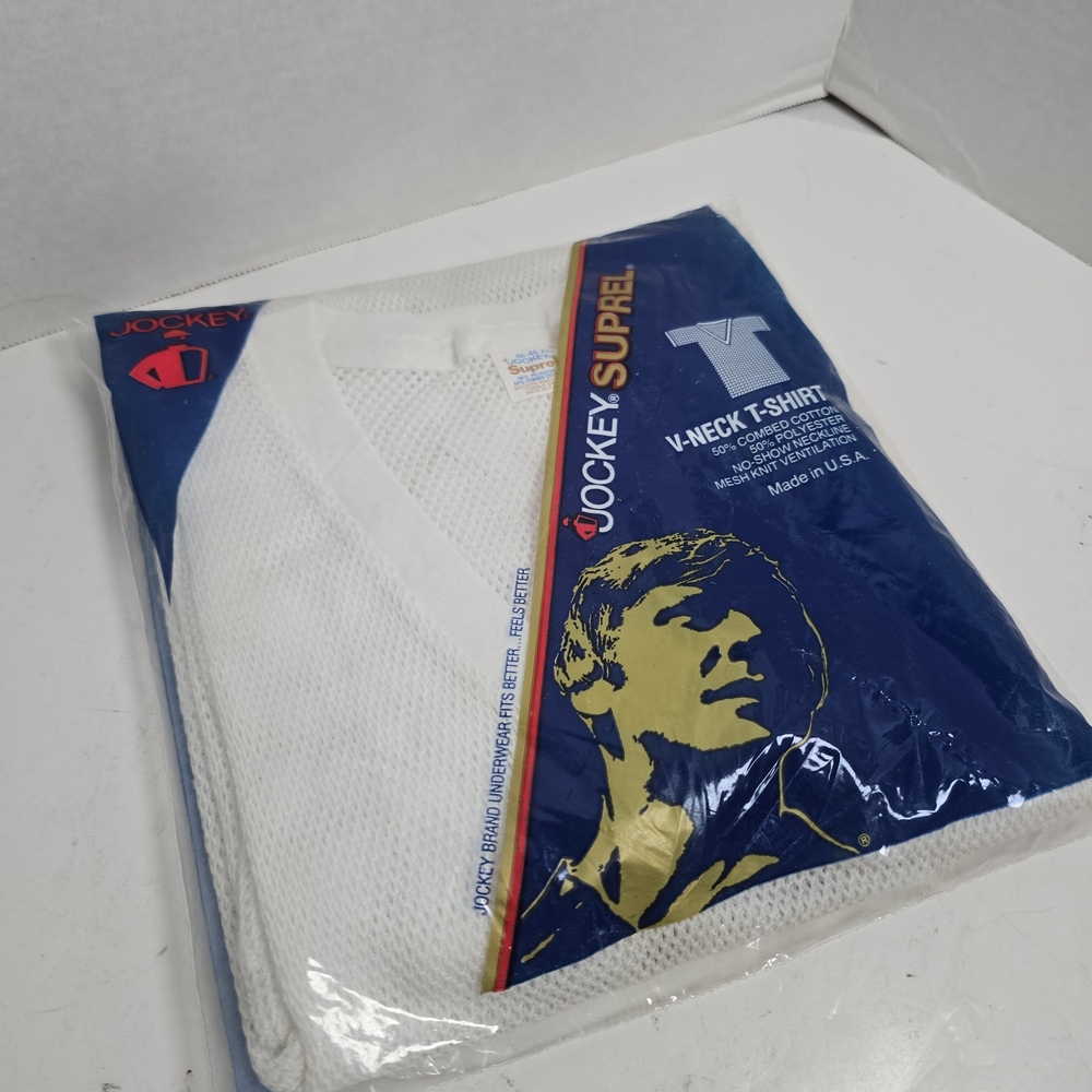 VINTAGE 80s Jockey SUPREL 1729 Mesh T Shirt Mens XL Sheer White V Neck 1983 NOS